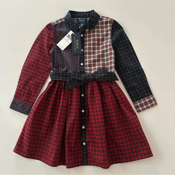 Polo Ralph Lauren Girls 5 Plaid Poplin Shirt Dress Holiday Christmas Red Blue - Picture 1 of 8
